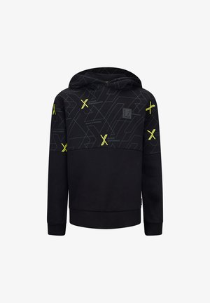 Schwarzer Kapuzenpullover mit einem geometrischen Muster in Grau und neon-gelben Akzenten. Verfügt über eine Kängurutasche sowie gerippte Bündchen und Saum.