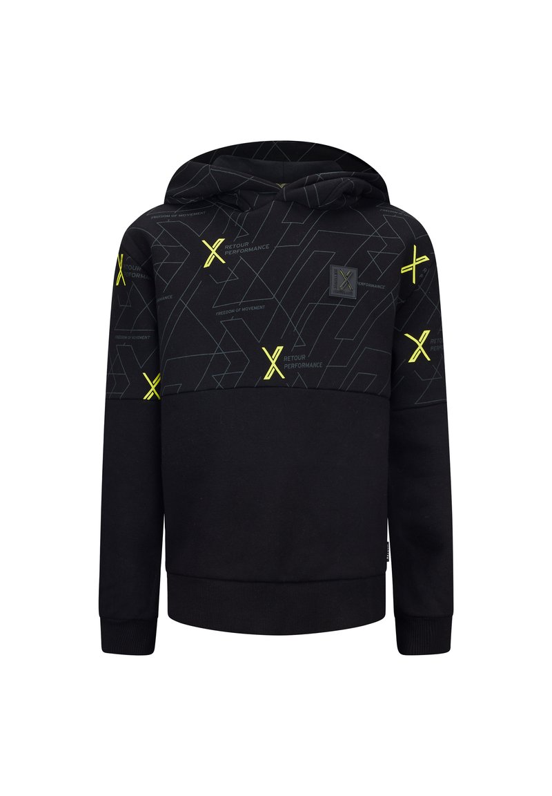 Felpa nera con un motivo geometrico in grigio e accenti giallo fluorescente. Presenta una tasca a marsupio e polsini e orlo a costine.
