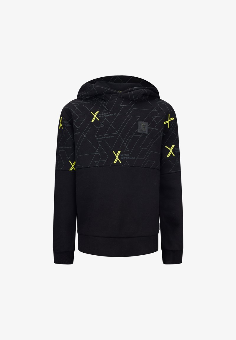 Felpa nera con un motivo geometrico in grigio e accenti giallo fluorescente. Presenta una tasca a marsupio e polsini e orlo a costine.