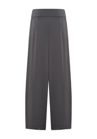 Pantaloni grigi a gamba larga con una texture liscia e una vita elastica. Caratterizzati da un taglio fino al ginocchio e dettagli di cucitura minimi per un aspetto pulito.