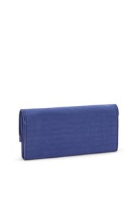 Blauwe textielen portemonnee met een gladde structuur, rechthoekige vorm en een omslagontwerp. Heeft strakke lijnen en minimale details.