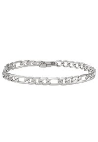 Pulsera de cadena de metal plateado con eslabones ovalados entrelazados, acabado pulido y cierre de seguridad.