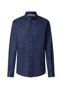 Marineblauwe knoopsluiting shirt gemaakt van katoen, met een ruitpatroon in wit en lichtblauw, met bruine knopen en een klassiek kraagontwerp.