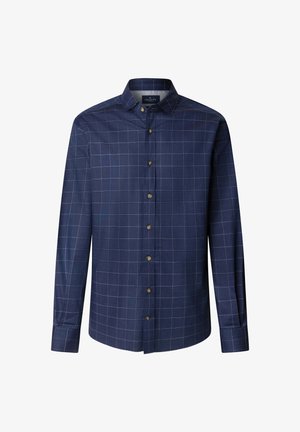 Marinblå knapp-up skjorta i bomull, med ett rutmönster i vitt och ljusblått, bruna knappar och en klassisk kragsdesign.