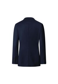 Granatowa marynarka o usztywnionej konstrukcji, jednozgodna, z długimi rękawami, na każdym mankiecie z trzema guzikami.