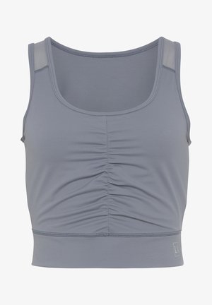 Graues, kürzer geschnittenes Tanktop mit Rundhalsausschnitt, gerafftem Frontdetail und nahtlosem, weichen Stoff. Verfügt über eine glatte Textur und kurze, breite Träger.