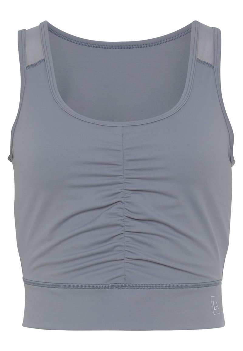 Grijze cropped tanktop met een ronde halslijn, geplooid voorkantdetail en naadloze zachte stof. Beschikt over een gladde textuur en korte, brede schouderbanden.
