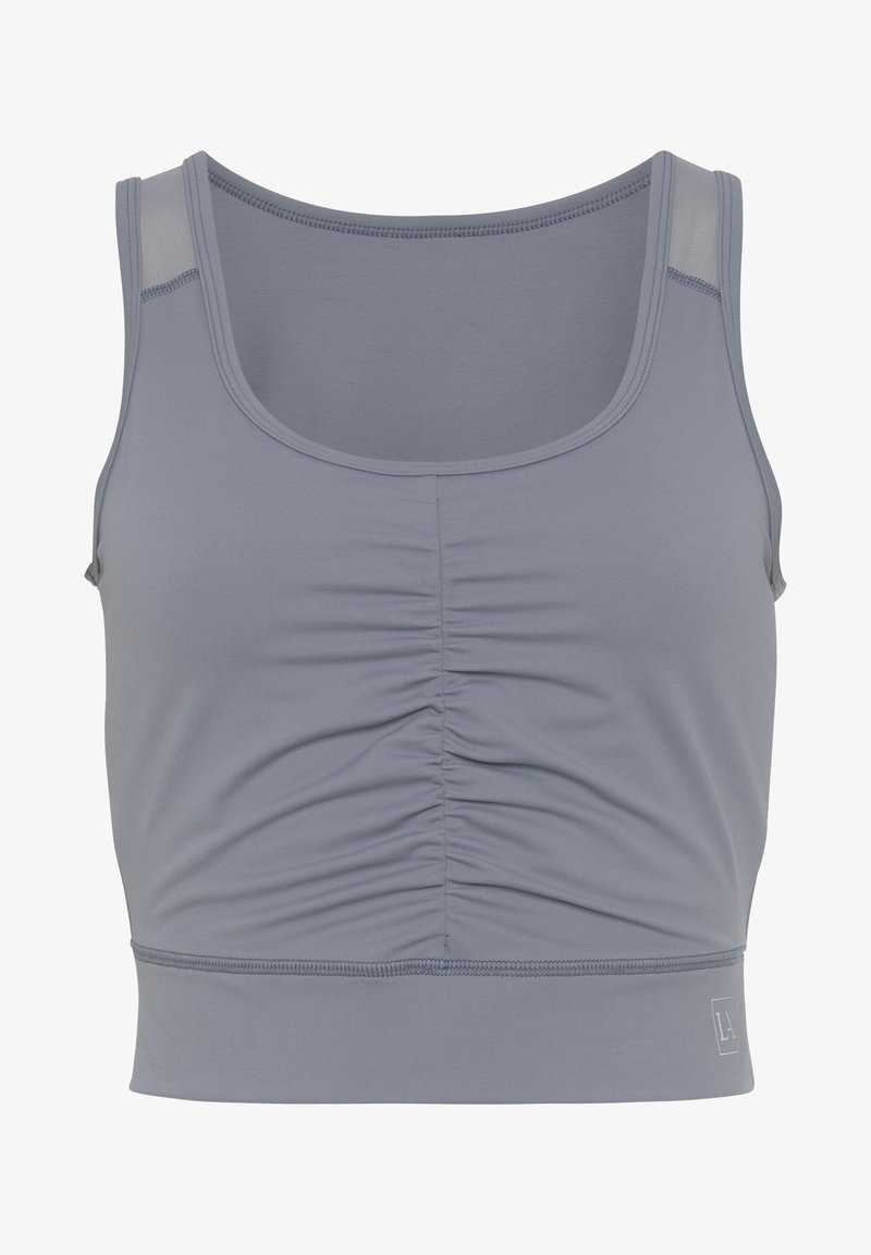 Grijze cropped tanktop met een ronde halslijn, geplooid voorkantdetail en naadloze zachte stof. Beschikt over een gladde textuur en korte, brede schouderbanden.
