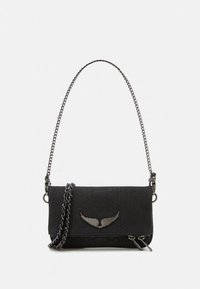 Black crossbody bag made of textured material. Features a chain strap, zippered closure, and a metallic wing accent on the front.