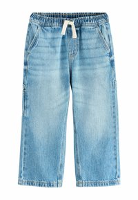 Pantaloni din denim de culoare albastru deschis, cu talie elastică, șnur ajustabil, două buzunare frontale și un buzunar lateral utilitar. Design cu picior drept.