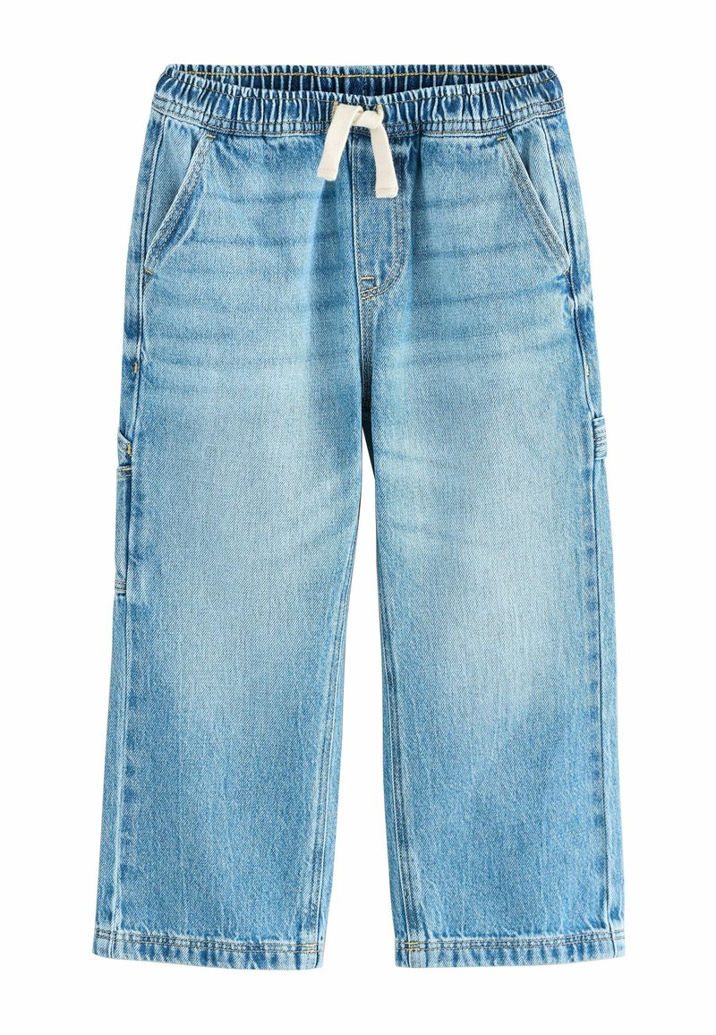 Pantaloni din denim de culoare albastru deschis, cu talie elastică, șnur ajustabil, două buzunare frontale și un buzunar lateral utilitar. Design cu picior drept.