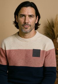 Gebreide sweater in crèmekleur, met roze en marineblauwe strepen; heeft een gestructureerde stof en een zwarte brandingpatch op de borst.