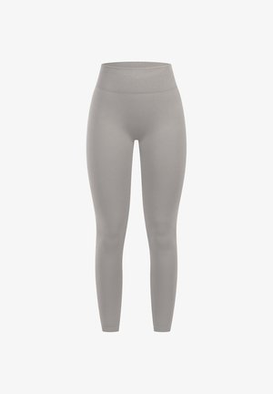 Lys grå højhåndede leggings lavet af et glat, strækbart stof. Tætsiddende design uden synlige sømme eller mønstre.
