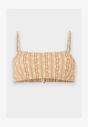 Barna (tan) bandeau bikini felső vékony állítható pántokkal, fehér alapon függőleges hullámos vonal- és világoskék félkör mintával.