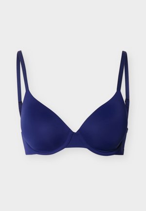 Sutien bleumarin căptușit, cu armătură și bretele reglabile pe fundal alb.