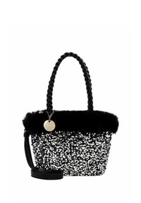 Borsa nera con paillettes, manico intrecciato e bordo in pelliccia sintetica. Dotata di tracolla staccabile e di un ciondolo metallico circolare come dettaglio.