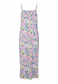 Vestido de tirantes finos con estampado floral en una paleta de colores pastel que presenta rosas rosas y amarillas. Tejido texturizado con pliegues verticales, de longitud midi.