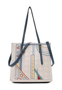 Borsa a spalla con motivo geometrico bianco, manici in pelle blu e decorazioni ricamate colorate in rosso, giallo e blu. Forma quadrata.