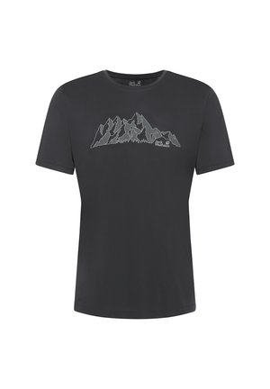 Zwart T-shirt met korte mouwen, bedrukt met een berglandschap en het "Jack Wolfskin" logo op de borst, met een ronde hals.