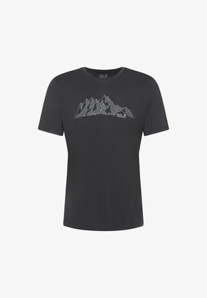 Schwarzes T-Shirt mit kurzen Ärmeln, Bergpanorama-Grafik und "Jack Wolfskin"-Logo auf der Brust, Rundhalsausschnitt.