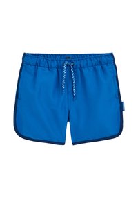 Pantaloni scurți de baie albaștri cu garnitură albastru închis, talie elastică și șnur alb cu model, așezați plat pe un fundal alb.