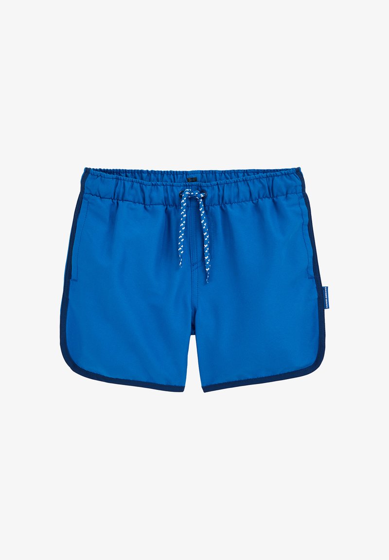 Pantaloni scurți de baie albaștri cu garnitură albastru închis, talie elastică și șnur alb cu model, așezați plat pe un fundal alb.