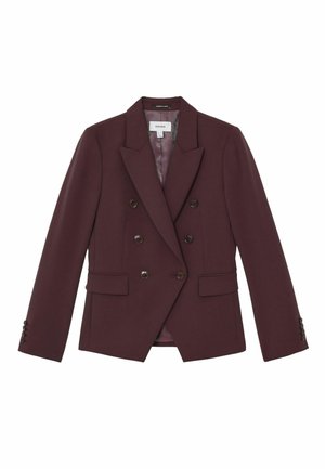 Sötét bordó, dupla soros, notch galléros blézer hat elülső gombbal, zsebfedővel és gombos mandzsettákkal, fehér háttéren laposan elterítve.