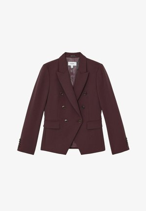 Tmavě bordo dvouřadé sako s klopami s výřezem, šesti předními knoflíky, kapsami s klopou a manžetami se zapínáním na knoflíky, položeno naplocho na bílém pozadí.