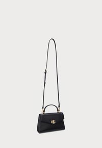 Black leather handbag with a structured design, featuring a top handle, a long adjustable strap, and a gold logo accent.