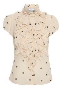 Crème blouse met stippen, voorzien van een hoge gerimpelde kraag, korte pofmouwen en gelaagde ruffles aan de voorkant. Stippen in donkerbruin.