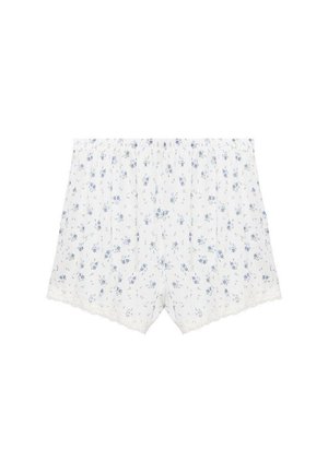 Blommönstrade bomullsshorts i vitt med blå blommor. Har en mjuk, elastisk midja och delikat spetskant vid fållen.