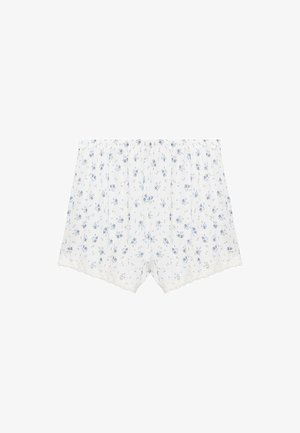 Shorts in cotone con motivo floreale, bianchi con fiori blu. Presentano una morbida vita elastica e delicate rifiniture in pizzo all'orlo.