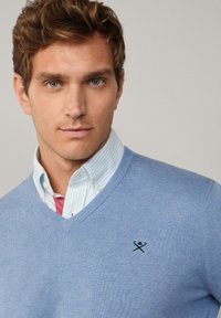 Maglione azzurro chiaro a collo a V, realizzato in materiale morbido, con un piccolo logo nero sul lato sinistro e indossato sopra una camicia a righe blu e bianche.