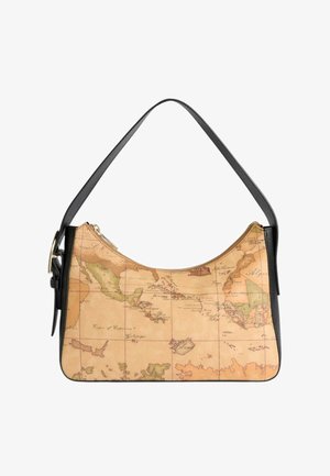 Hobo-tas met een vintage wereldkaartprint, gemaakt van tankleurig leer, met een zwarte accentriem en een ritssluiting. Gladde textuur met subtiele details.