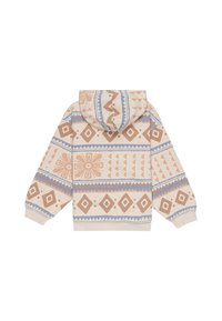 Felpa con cappuccio di colore crema, caratterizzata da un motivo geometrico in marrone e blu. Tessuto morbido, polsini e vita a coste.