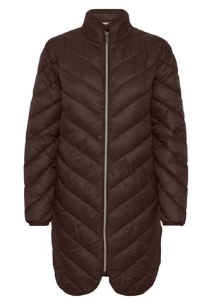 Brūns pufīgs mētelis ar chevron rakstu, augstu apkakli, pilnu rāvējslēdzēju un sānu atverēm, tam ir gluda, spīdīga tekstūra un brīva piegriezuma forma.