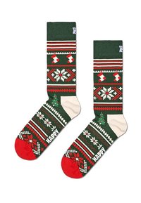 Calzini verdi con accenti rossi, caratterizzati da motivi festivi tra cui alberi, calze e fiocchi di neve. Texture a maglia con punta rinforzata.