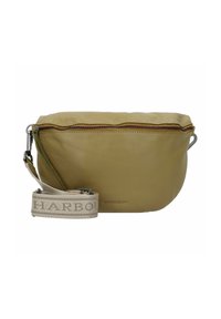 Borsa in pelle verde oliva dalla forma arrotondata, con zip superiore e tracolla beige staccabile con il testo "HARBOUR". Texture liscia.