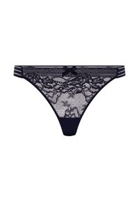 Navy Lace-Tanga mit floralen Mustern, einer Satinschleife in der Mitte vorne und einem gestreiften Gummiband. Transparente und semi-opake Gestaltung.
