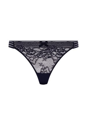 Navy kanten string met bloemmotieven, een satijnen strik aan de voorzijde en een gestreepte elastische tailleband. Doorzichtige en semi-doorzichtige uitvoering.