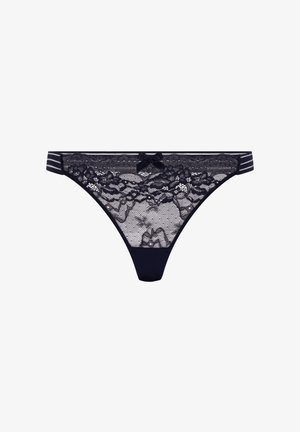 Navy kanten string met bloemmotieven, een satijnen strik aan de voorzijde en een gestreepte elastische tailleband. Doorzichtige en semi-doorzichtige uitvoering.