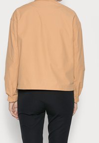 Giacca leggera color pesco con vestibilità rilassata, polsini con bottoni e orlo piatto, caratterizzata da un design pulito e minimalista senza accenti visibili.