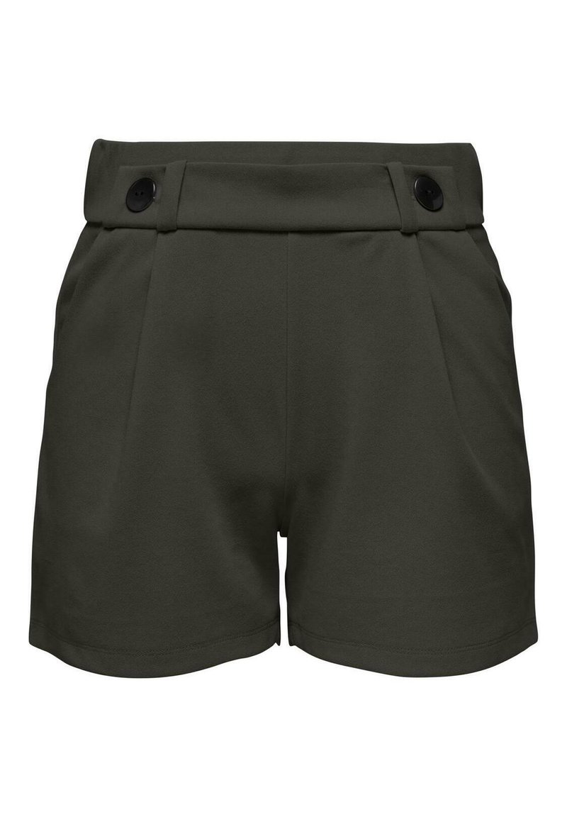 Pantaloni corti verde scuro realizzati in un tessuto liscio. Presentano un alto elastico in vita con due bottoni neri e pieghe sul davanti.