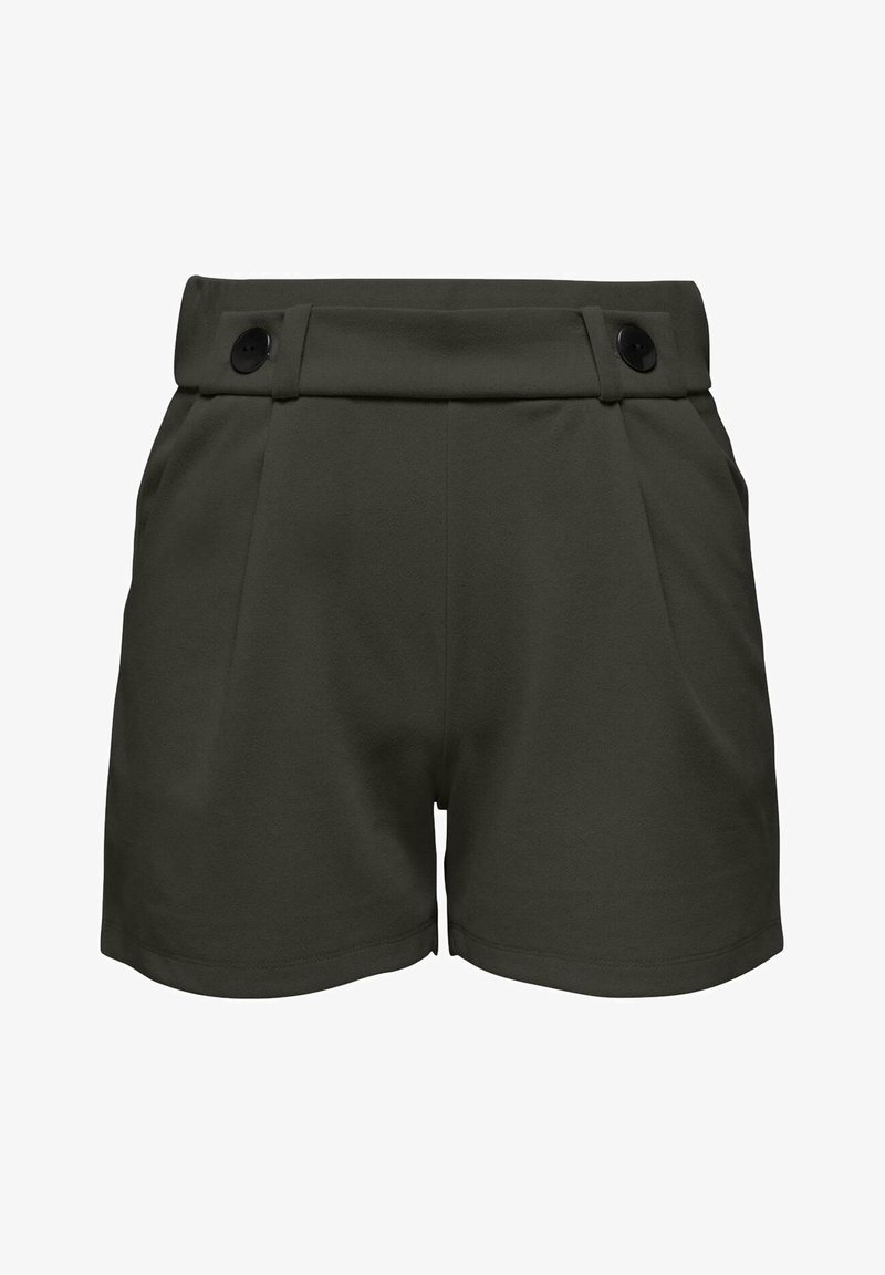 Shorts vert foncé en tissu lisse. Comprend une taille haute avec deux boutons noirs et des plis à l'avant.