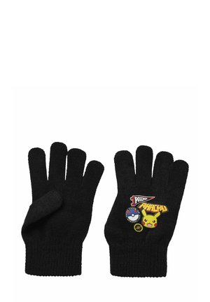 Black knitted gloves with three finger openings, featuring colorful Pokémon-themed patches on the front, including Pikachu and a Poké Ball.