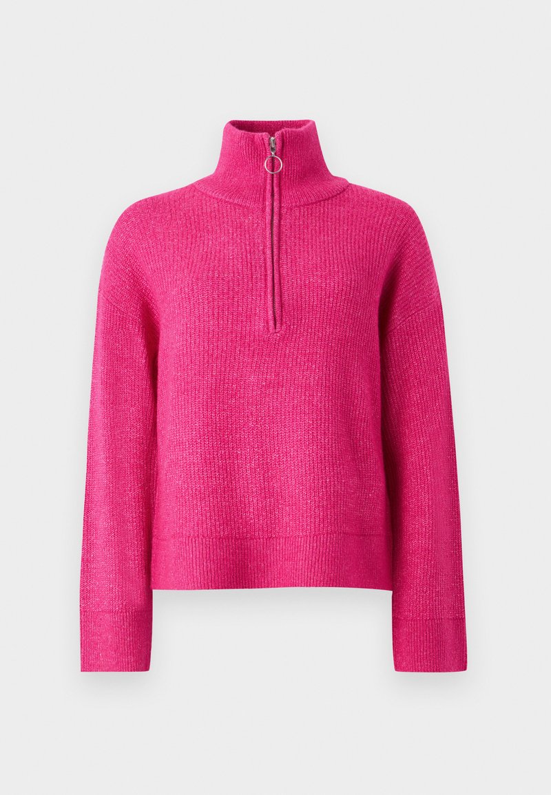 Jasnoróżowy sweter z dzianiny z długimi rękawami i kołnierzykiem z pół zamkiem, wyposażony w okrągły metalowy zamek.