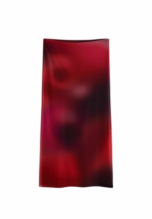 Przezroczysta spódnica z gradientowym wzorem w głębokich odcieniach czerwieni i fioletu, gładka w dotyku, z prostym dołem i lekko zakrzywioną górną krawędzią.