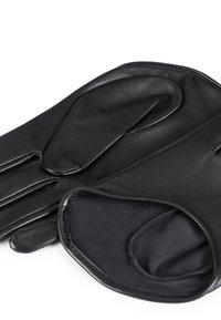 Schwarze Lederhandschuhe mit einem weichen Futter, ausgestattet mit genähten Akzenten, einem schlanken Design und einzelnen Fingerfächern für Beweglichkeit.
