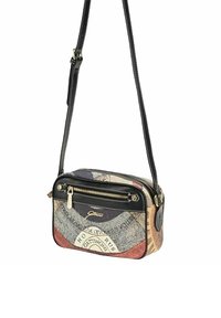 Borsa a tracolla in tessuto a fantasia multicolore con dettagli in pelle nera, dotata di tasca con zipper e tracolla regolabile.