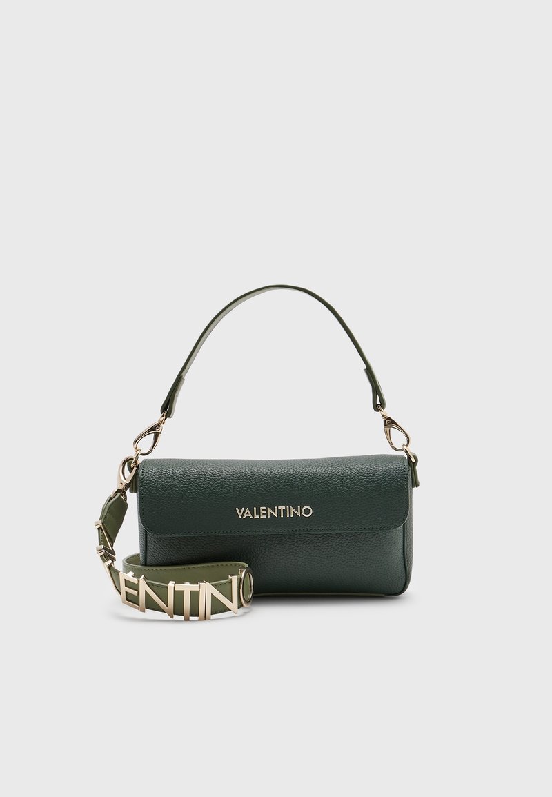 Green leather bag with rounded design, featuring a detachable strap with gold hardware and a front closure. "VALENTINO" embossed on the front.